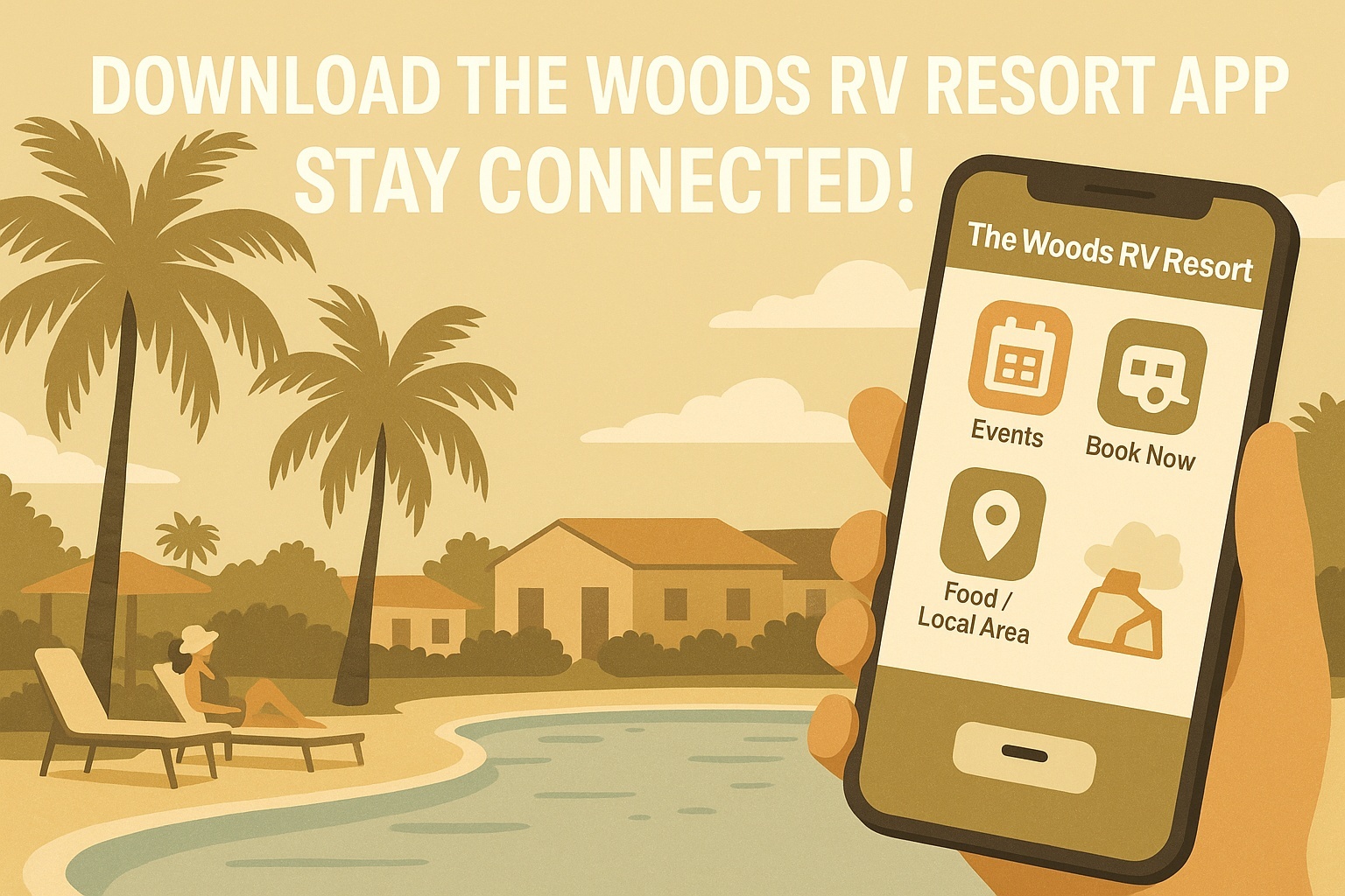 Woods RV Resort mobile app promotional image showing phone with resort features. Woods RV Resort mobile app promotional image showing phone with resort features.